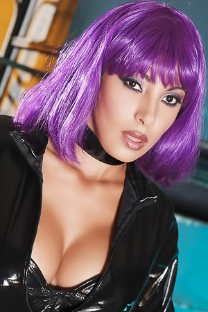 Dee Rides Her Motorcycle Nude With Purple Hair In A Biker Latex Photo Gallery Featuring Tattoos And Natural Breasts