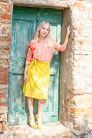 Bella Spark Unveils Herself Playful In Villa Sunlight Teasing With Skirt Lifted High