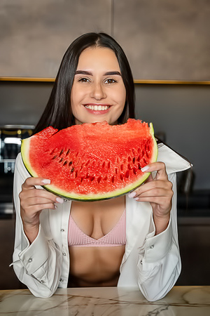 Cristin Tantalizes On Marble Counter With Watermelon And Pink Lingerie