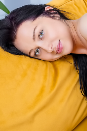 Bernie Holds Power on Yellow Couch in Red Lingerie